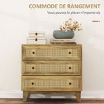 Commode 3 tiroirs meuble de rangement cannage en rotin aspect bois clair 80 x 35 x 76 cm