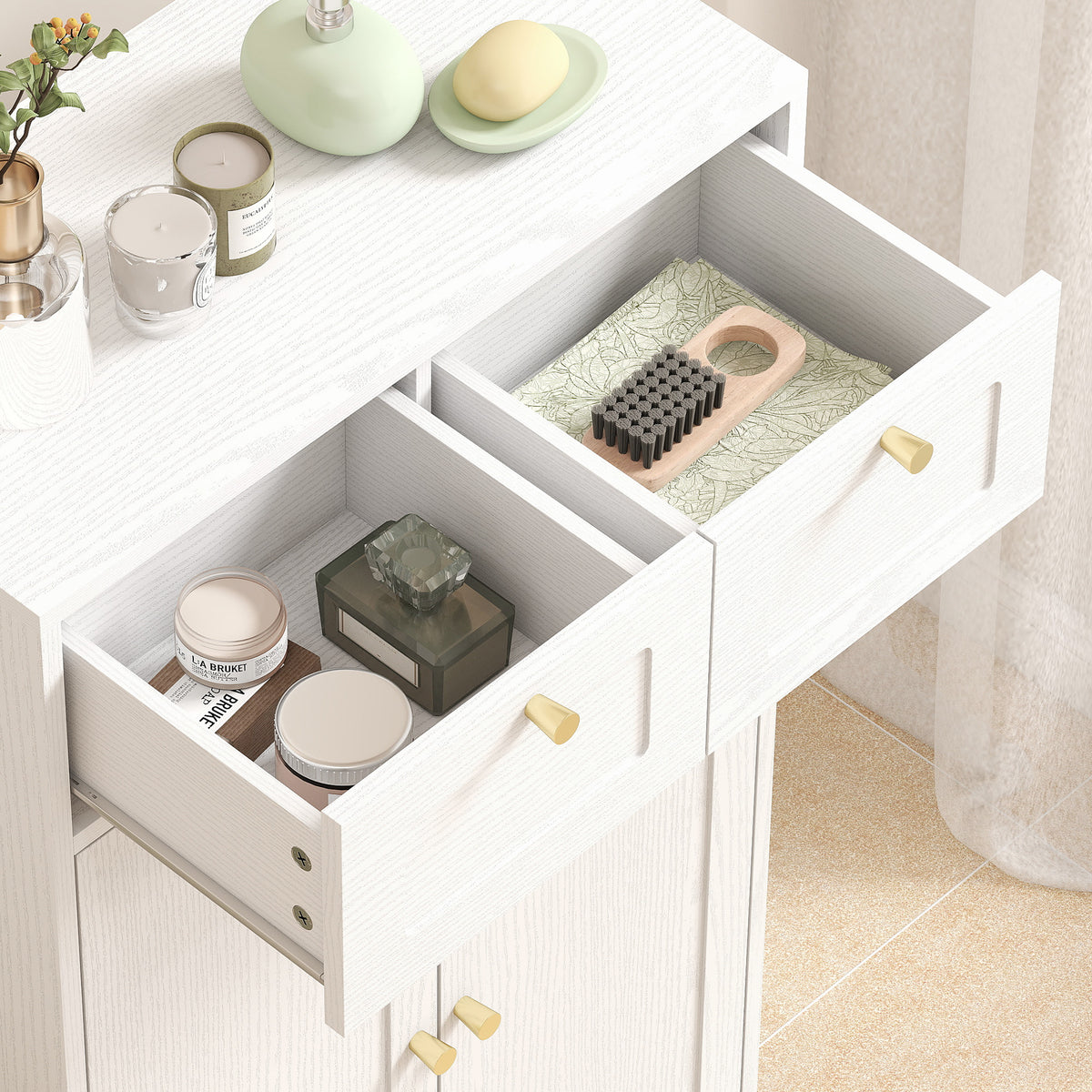 Meuble de salle de bain meuble de rangement avec 2 tiroirs double porte arquée étagères réglables 60x30x108cm blanc