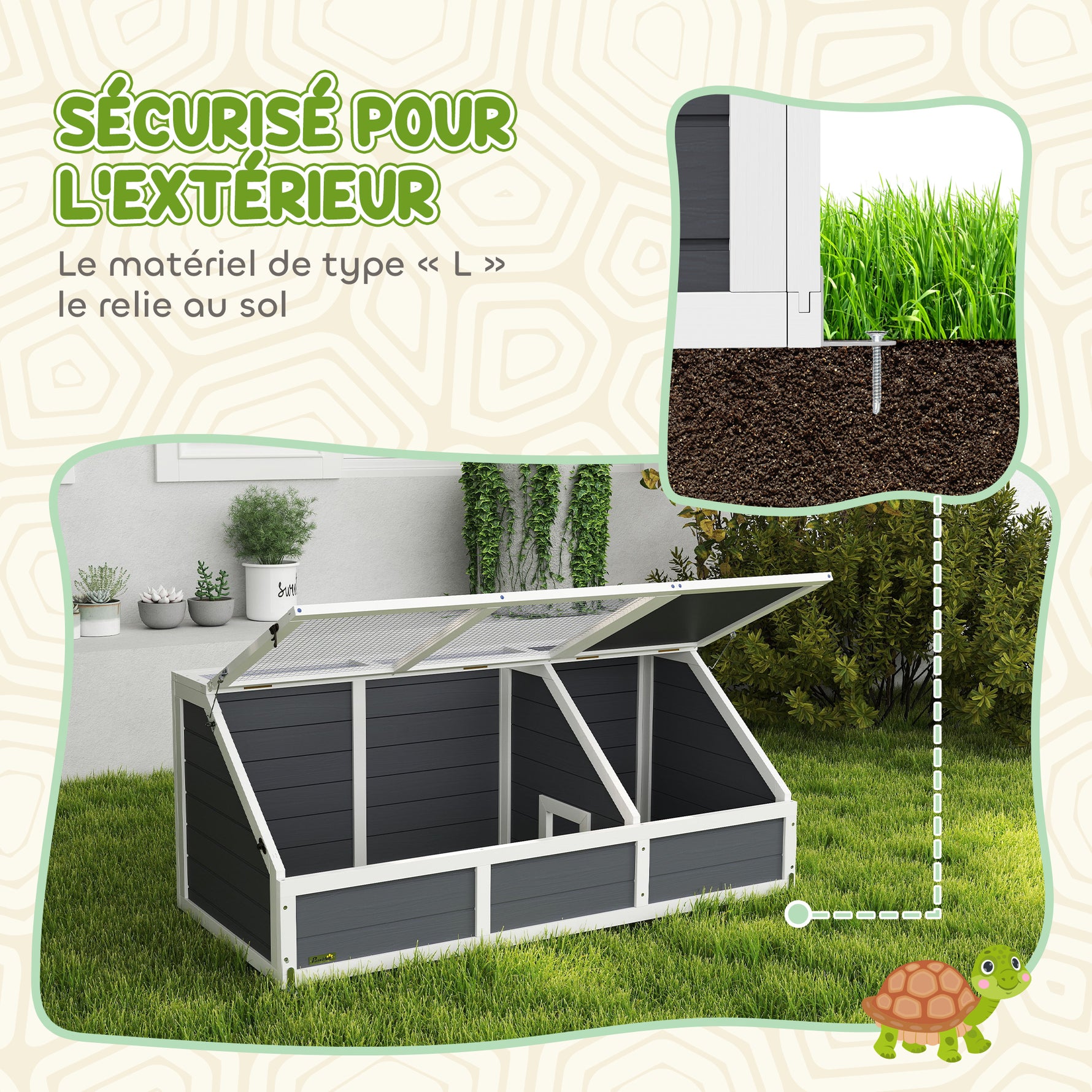 Maison enclos cage pour petit animal tortue en bois avec couvercle ouvrable, loquets, 2 espaces distincts, gris
