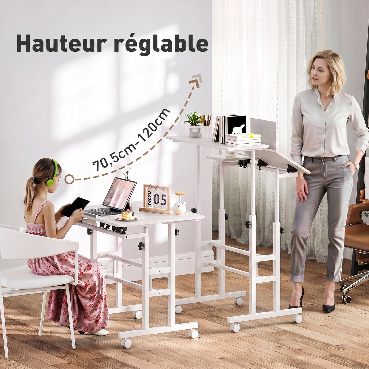 Bureau Assis-Debout, Bureau Réglable en Hauteur 70 x 60 cm, à Roulettes avec Plateau Inclinable, 70x60x70,5-120cm, Blanc