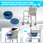 Chaise percée à roulettes - fauteuil roulant percé - chaise de douche - seau amovible, accoudoirs, repose-pied - acier chromé HDPE blanc