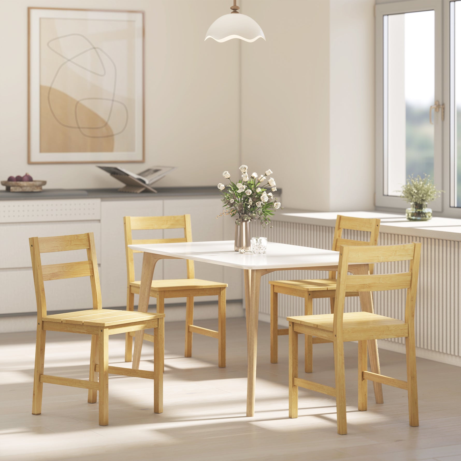 Lot de 2 chaises de salle à manger en bambou, chaises de cuisine sans accoudoirs avec assise à lattes, bois naturel