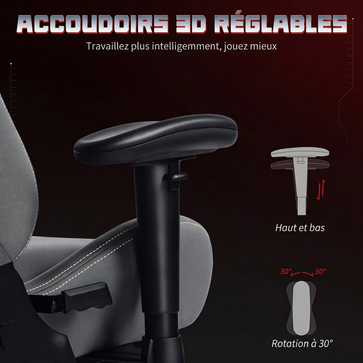 Ergonomische gamestoel, gamerfauteuil met 3D-armleuningen, kantelbare rugleuning, in hoogte verstelbaar, 72x76x132cm, grijs