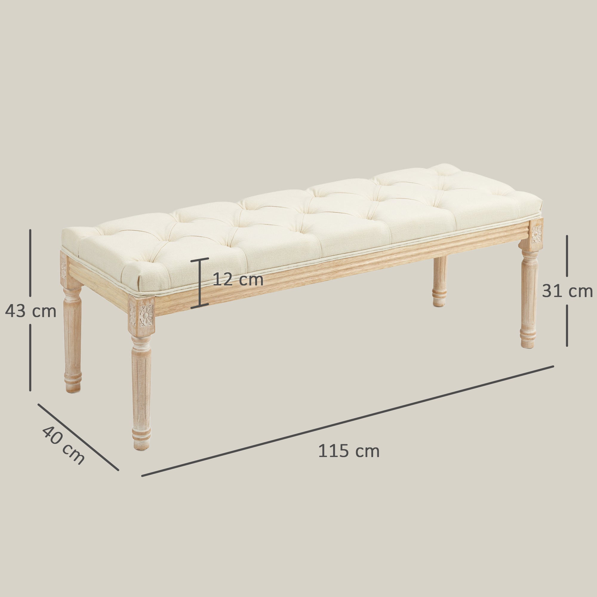 Banc Banquette classique capitonné 115cm bout de lit Rembourrée en lin - bois d'hévéa sculpté, patiné - crème