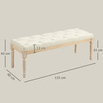 Banc Banquette classique capitonné 115cm bout de lit Rembourrée en lin - bois d'hévéa sculpté, patiné - crème