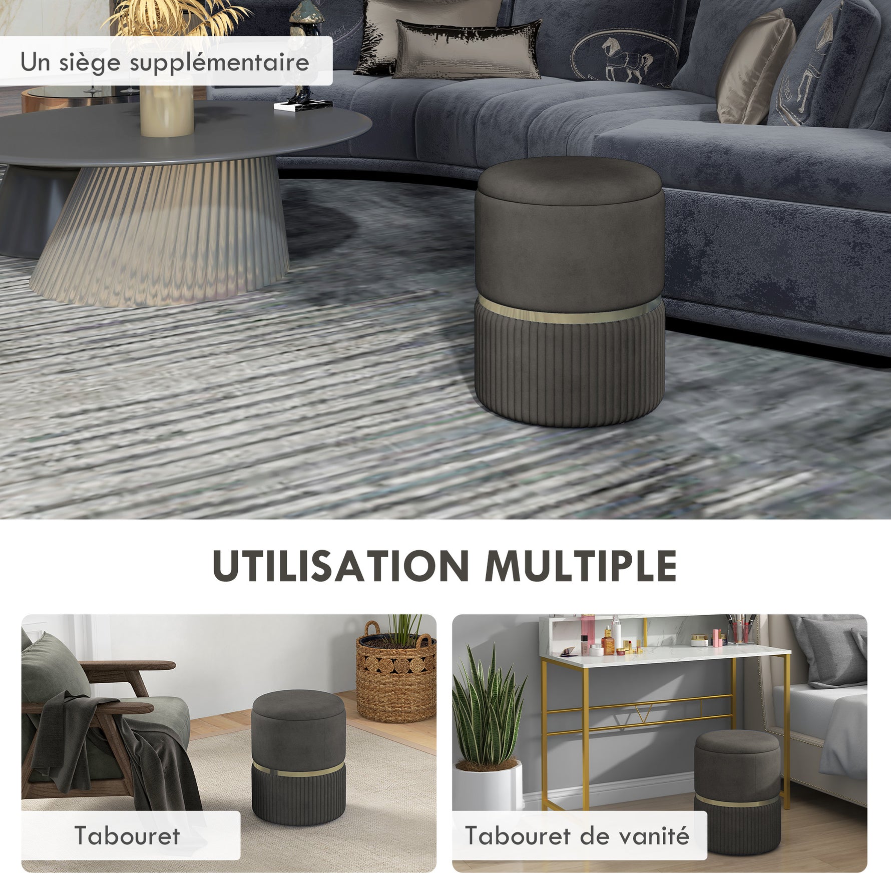 Pouf tabouret repose-pied coffre de rangement en velours côtelé 36 x 36 x 44 cm pour salon chambre gris-5