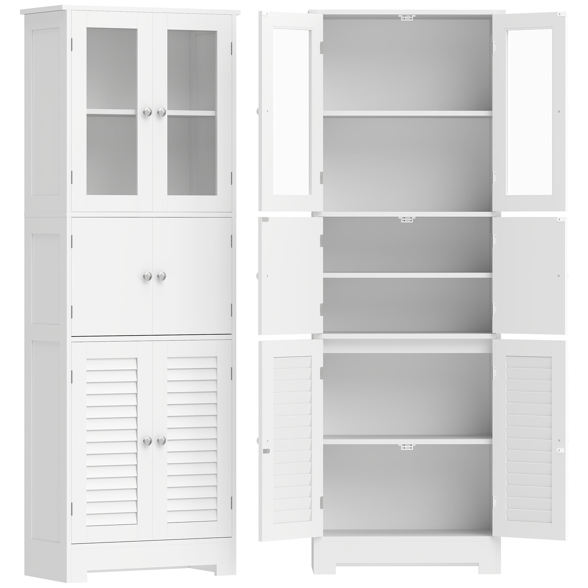 Meuble de salle de bain haut, meuble de rangement avec 6 portes dont 2 vitrées et 2 persiennes, étagère réglable, blanc