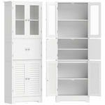 Meuble de salle de bain haut, meuble de rangement avec 6 portes dont 2 vitrées et 2 persiennes, étagère réglable, blanc