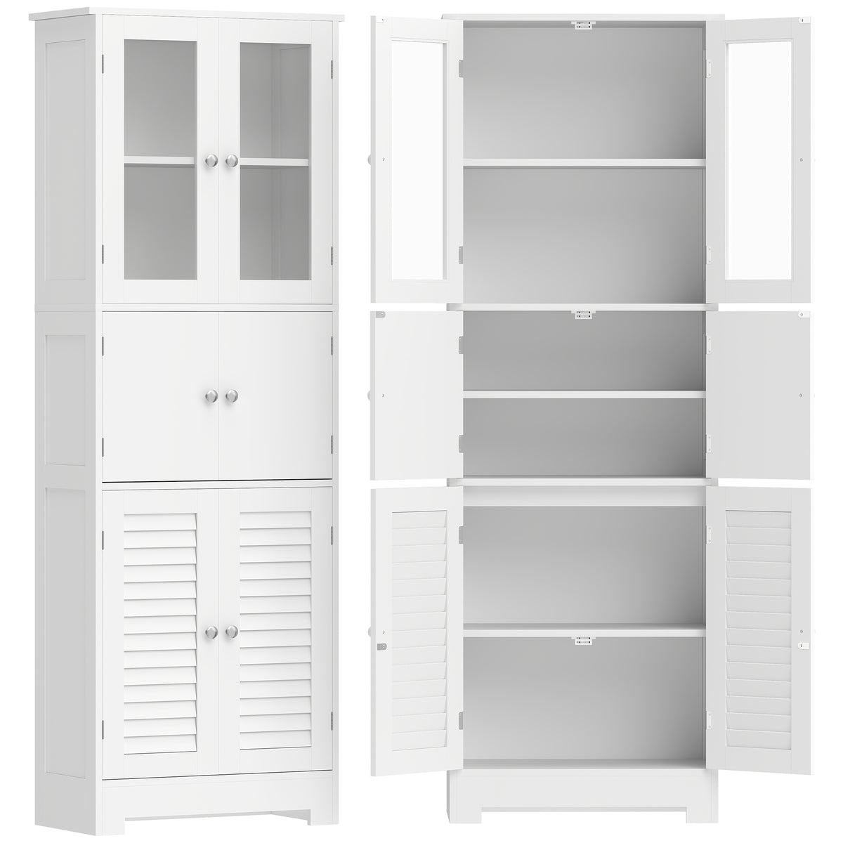 Meuble de salle de bain haut, meuble de rangement avec 6 portes dont 2 vitrées et 2 persiennes, étagère réglable, blanc