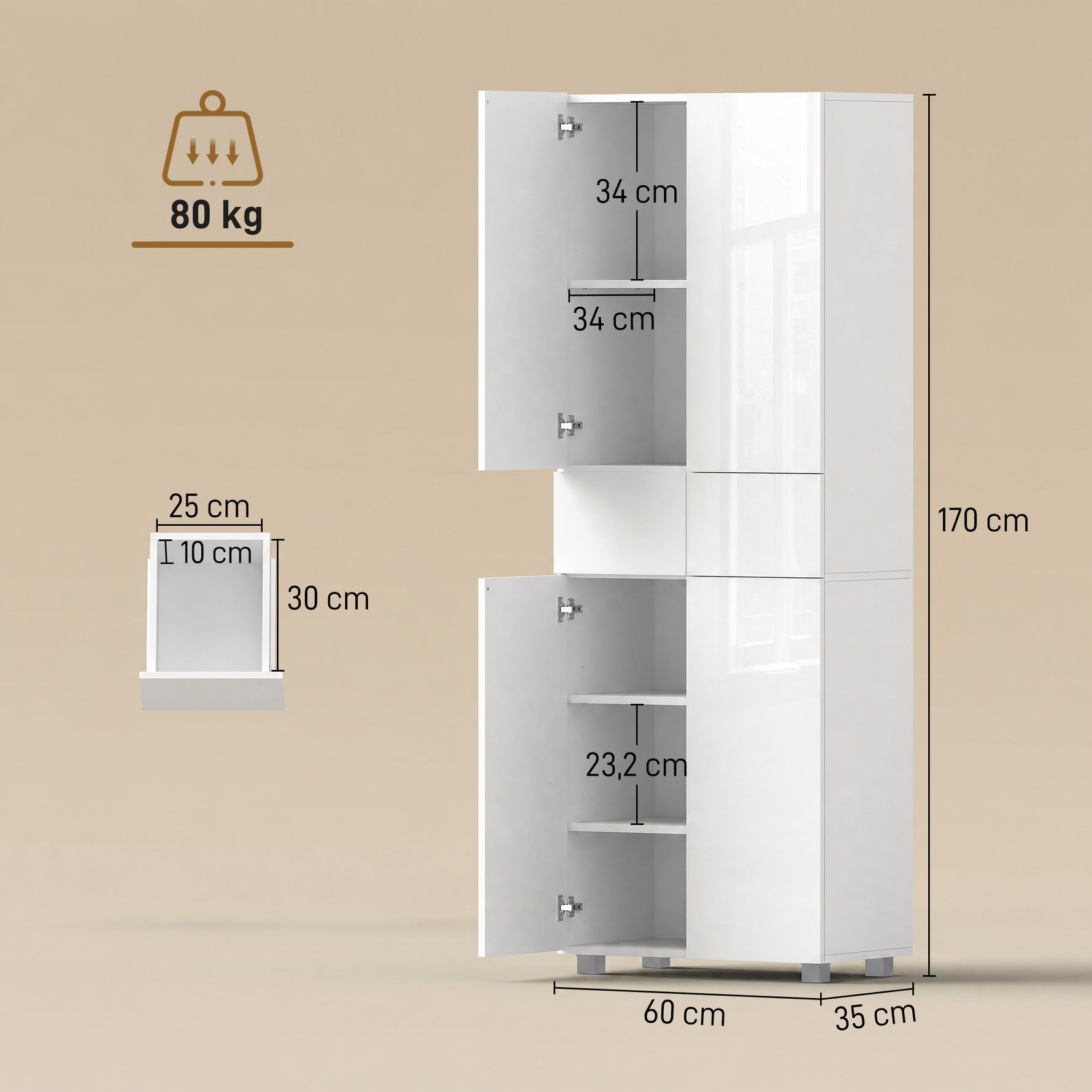 Armoire de cuisine meuble de rangement buffet 4 portes avec étagères réglables - dim. 60L x 35l x 170H cm blanc laqué