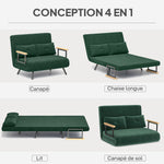 Canapé convertible 2 places 4 en 1, canapé-lit avec dossier réglable sur 5 niveaux, 2 coussins, 102 x 73 x 81 cm, vert