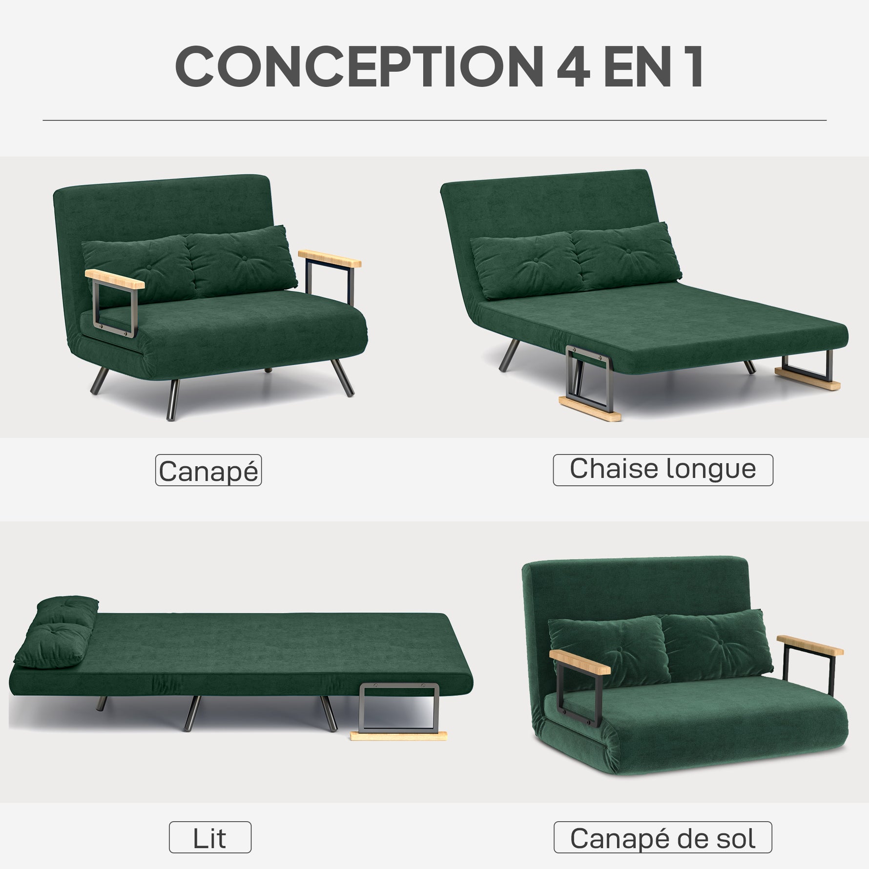 Canapé convertible 2 places 4 en 1, canapé-lit avec dossier réglable sur 5 niveaux, 2 coussins, 102 x 73 x 81 cm, vert