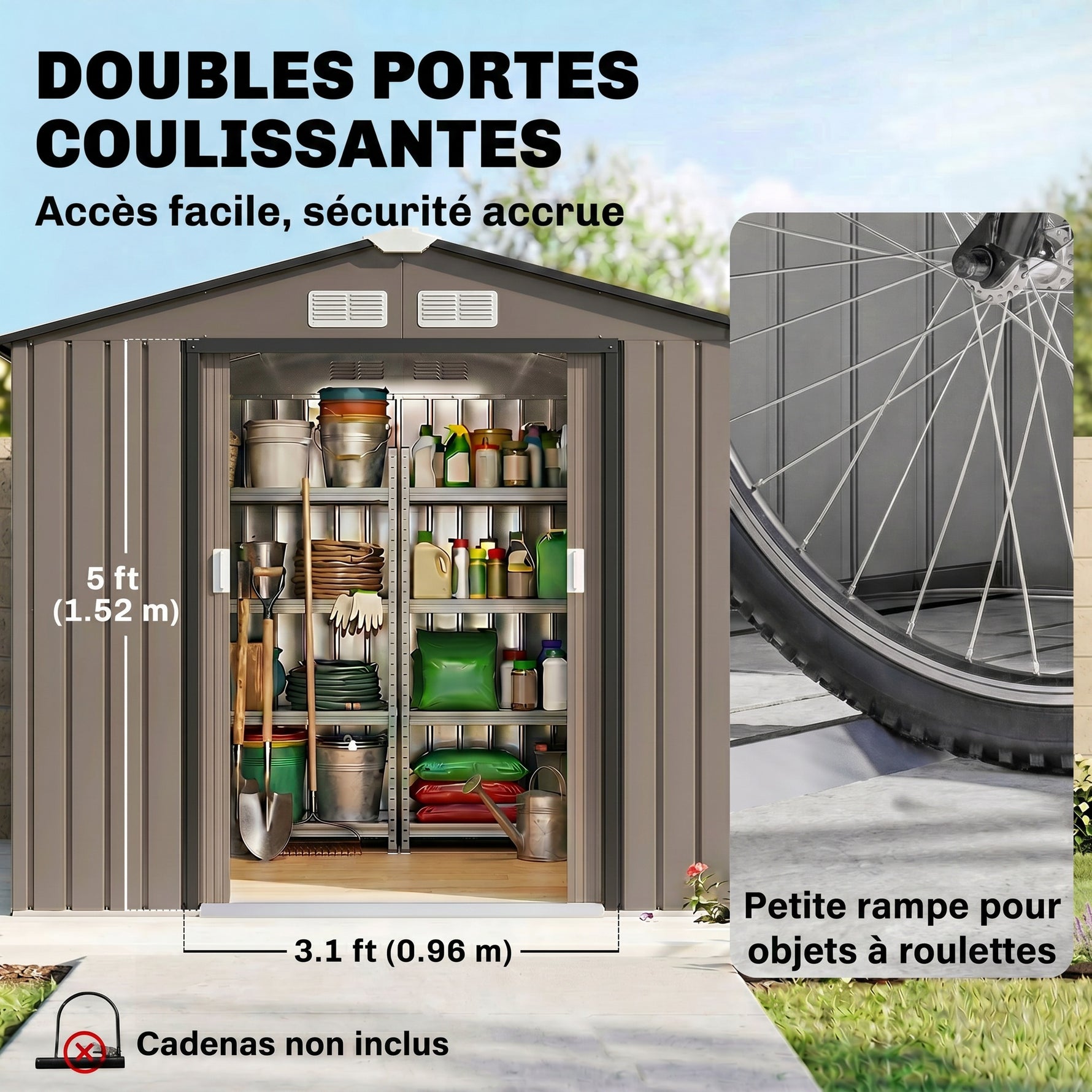 Abri de Jardin 2,77 m² cabane de jardin armoire de jardin Dim. 213L x 130l x 185H cm Porte coulissante Acier marron