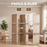Séparateur de pièces 4 panneaux 2 étagères pliables naturel paille