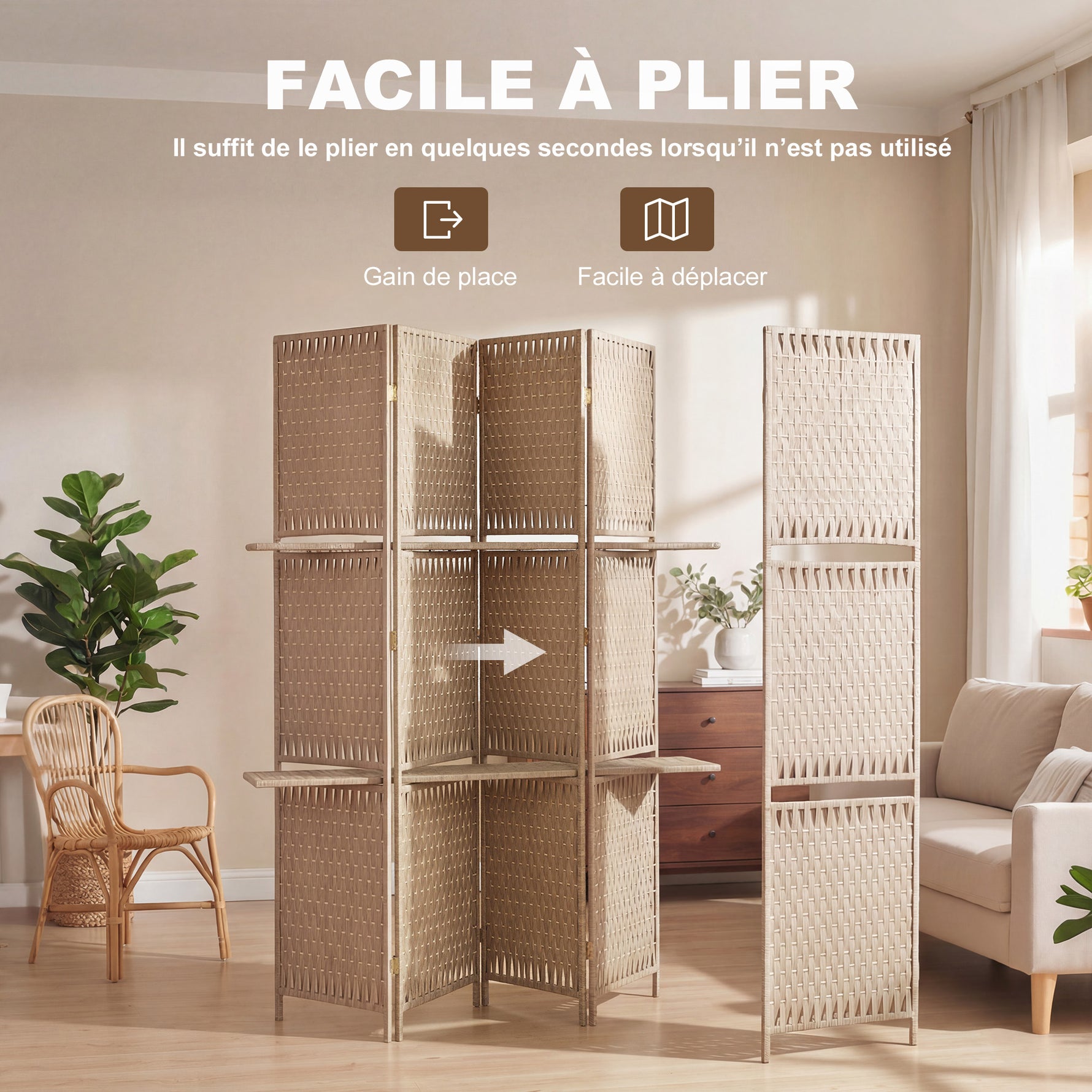Séparateur de pièces 4 panneaux 2 étagères pliables naturel paille