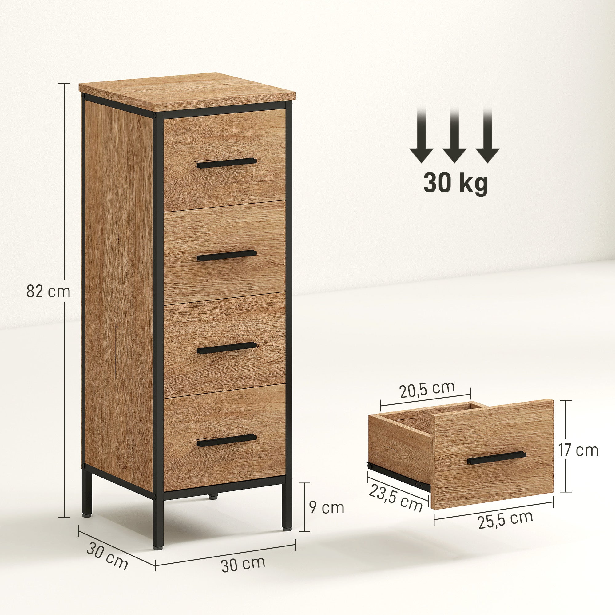 Meuble de salle de bain étroit avec 4 tiroirs et structure en acier, 30 x 30 x 82 cm, chêne