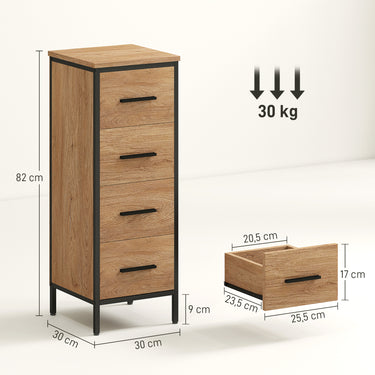 Meuble de salle de bain étroit avec 4 tiroirs et structure en acier, 30 x 30 x 82 cm, chêne