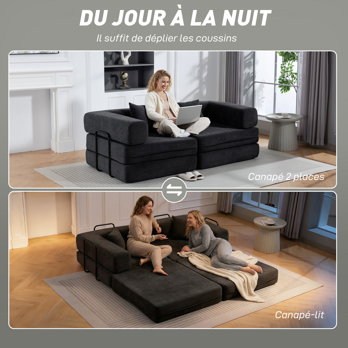 Canapé Convertible 2 Places, Canapé-Lit en Chenille 198 cm, Assise et Accoudoirs Larges, 2 Coussins, Gris Foncé