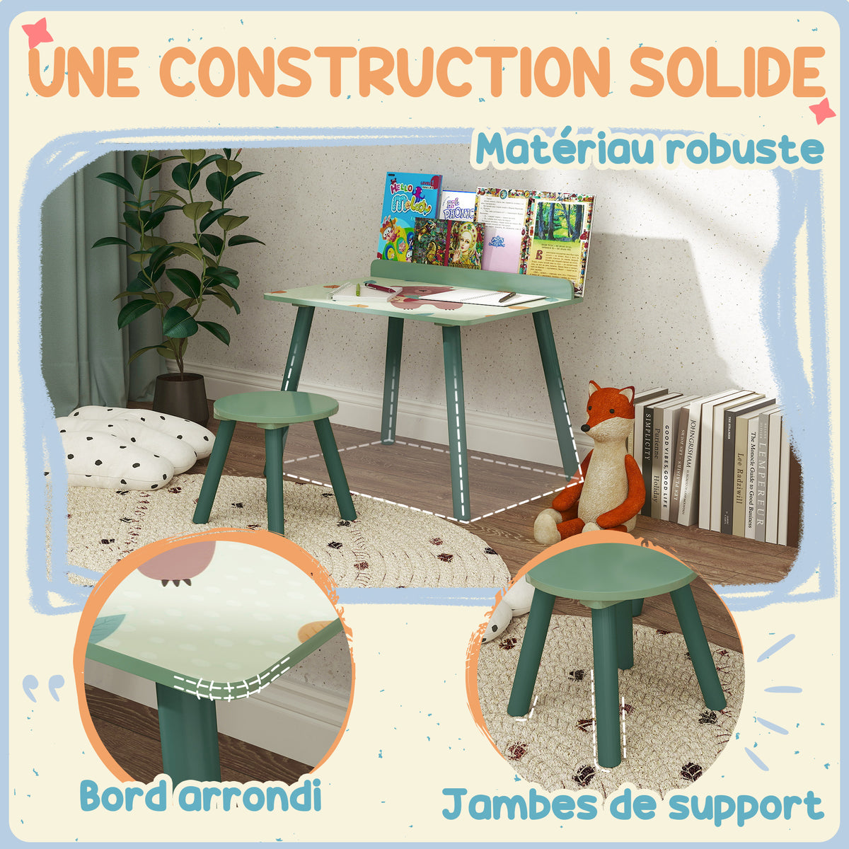 Set tavolo e sedia per bambini con portalibri, motivi orsetto, per bambini dai 3 agli 8 anni, verde