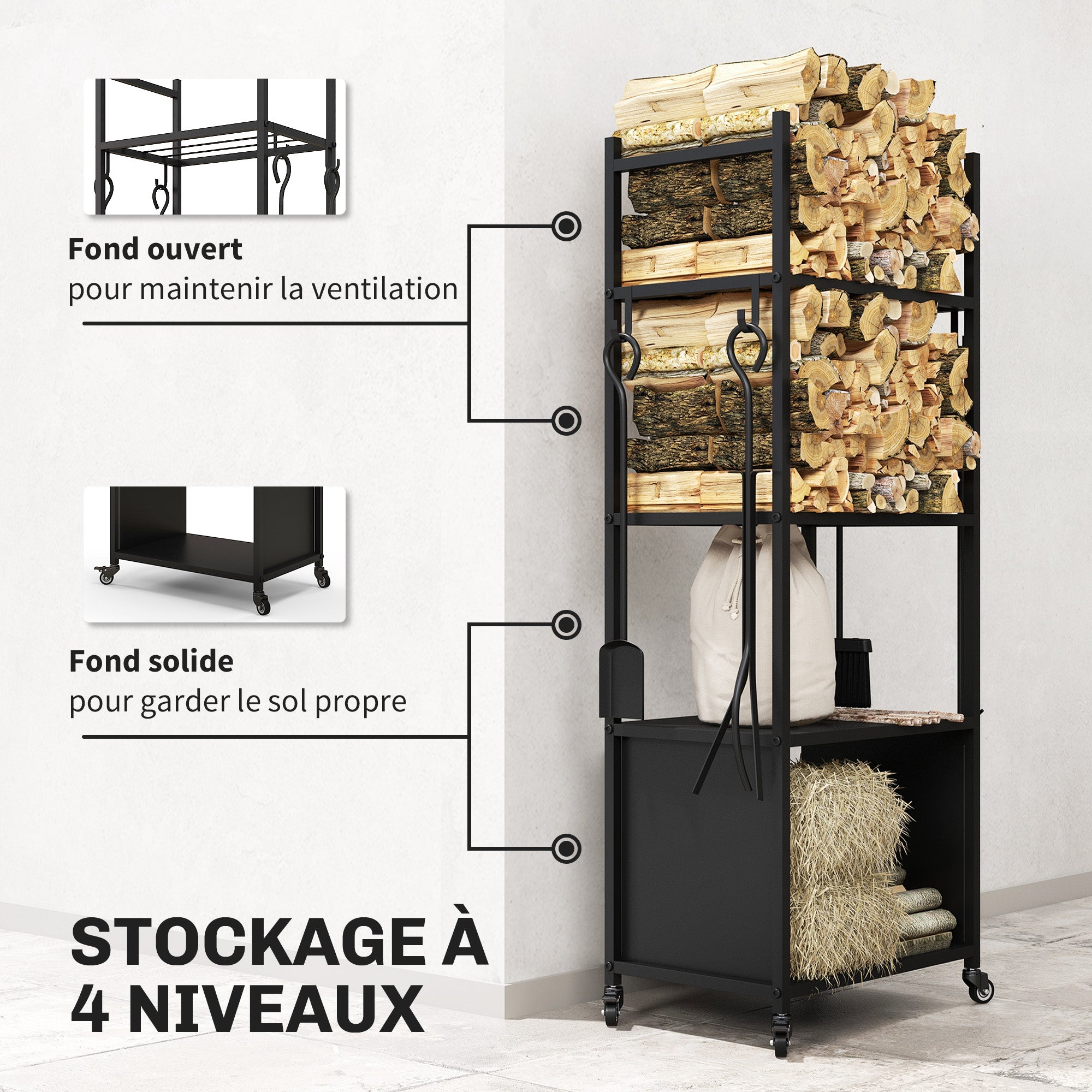 Chariot range bûches intérieur, porte-bûches roulettes, 4 outils de cheminée, 4 étagères, métal, 45 x 30 x 118 cm, noir