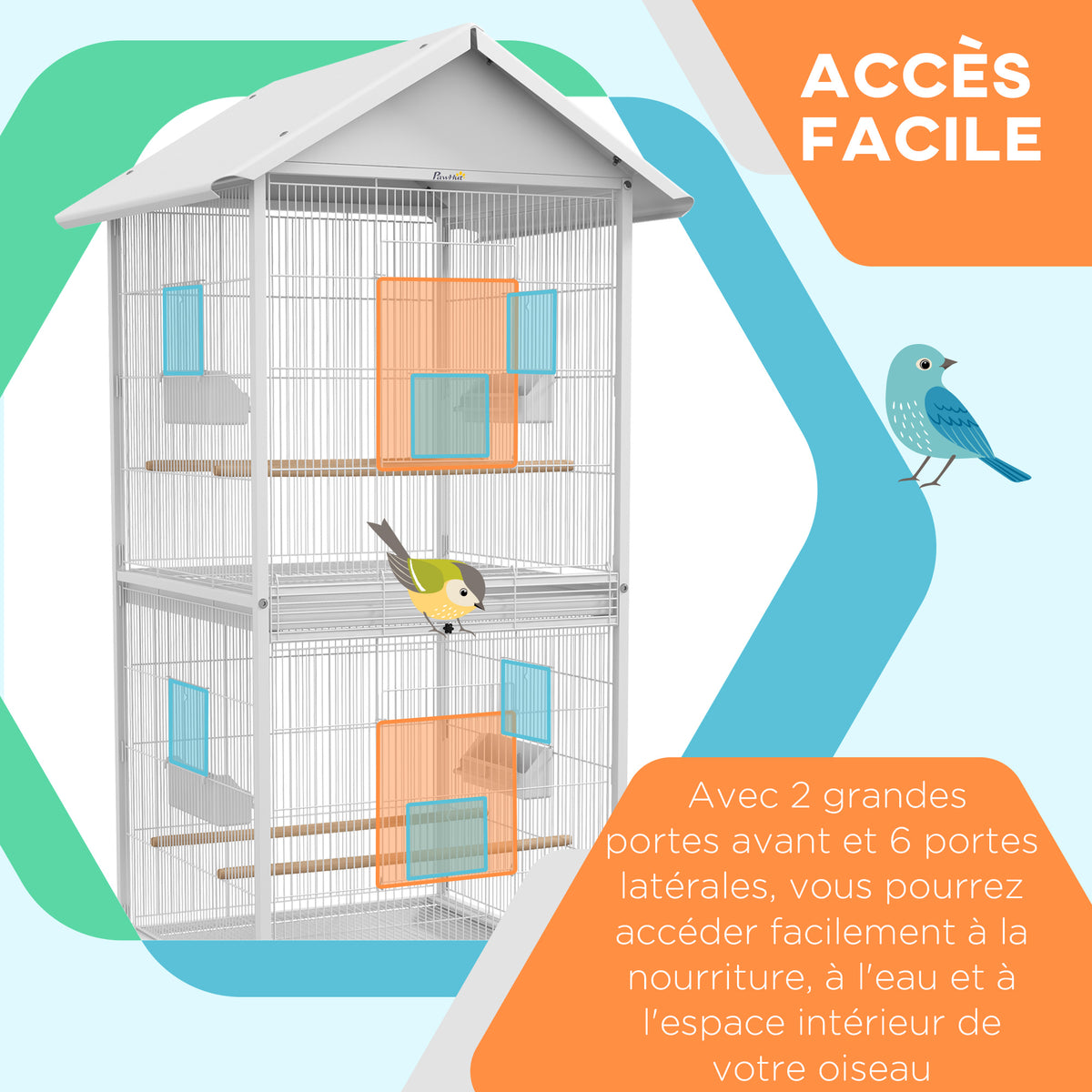Volière intérieure cage à oiseaux sur roulettes design maison mangeoires perchoirs portes plateaux excréments amovibles