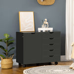 Caisson de bureau avec 5 tiroirs 1 porte étagère réglable, support imprimante sur roulettes, 78x40x66,5 cm, noir