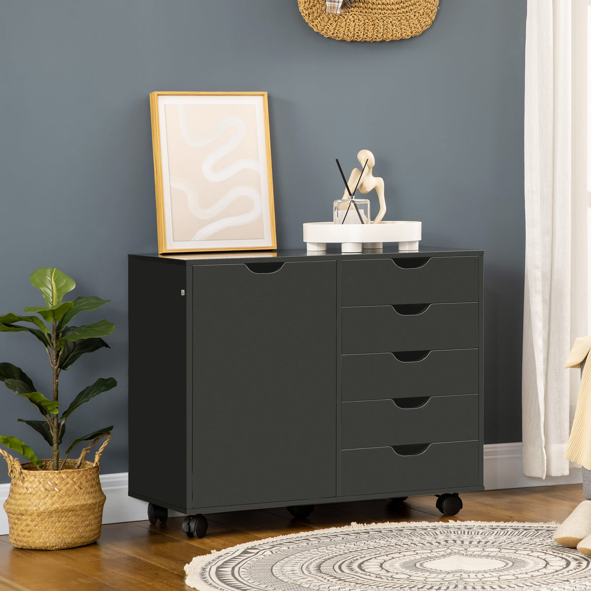 Caisson de bureau avec 5 tiroirs 1 porte étagère réglable, support imprimante sur roulettes, 78x40x66,5 cm, noir