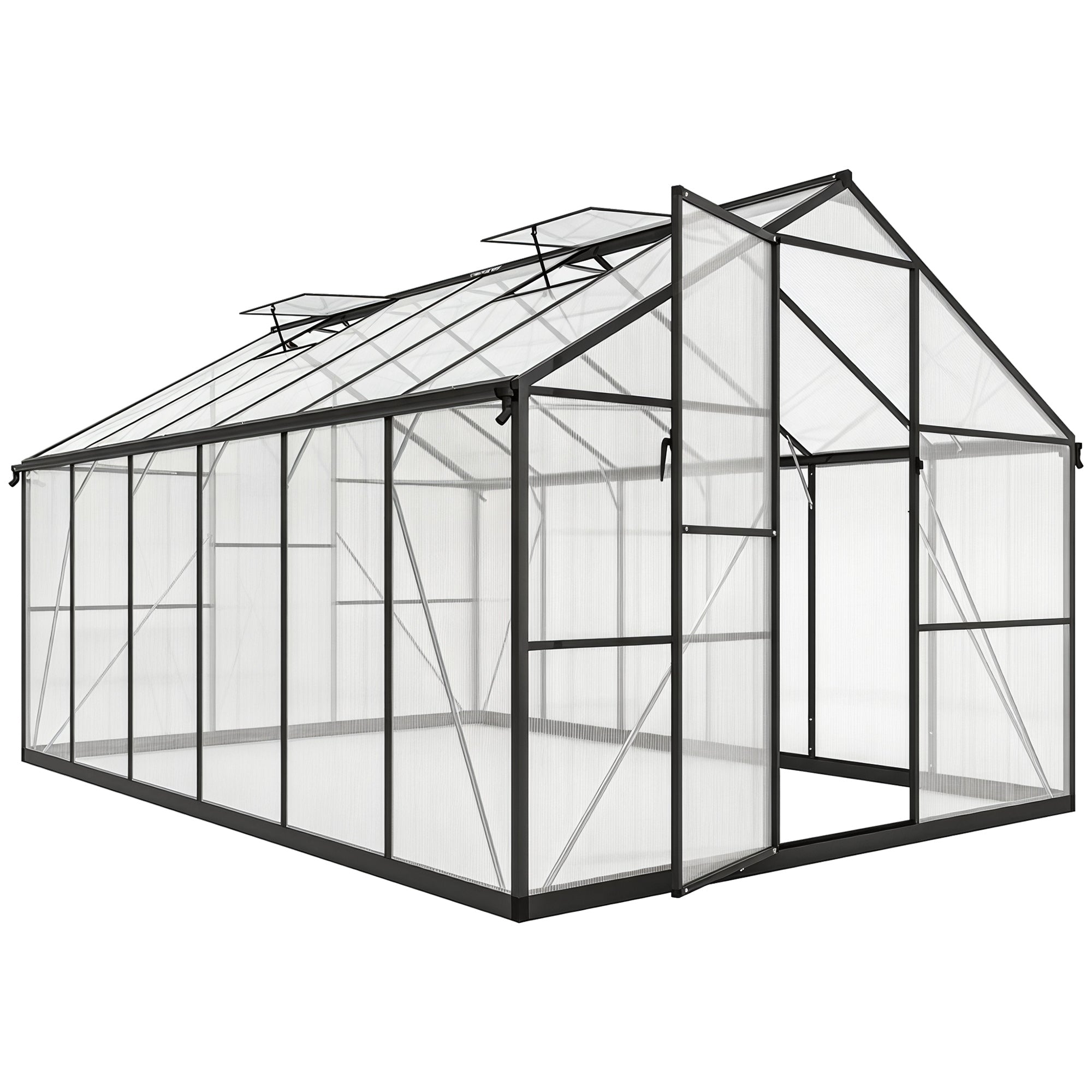 Serre de jardin en aluminium polycarbonate, serre avec fenêtres supérieures réglables 363x247x205cm noir
