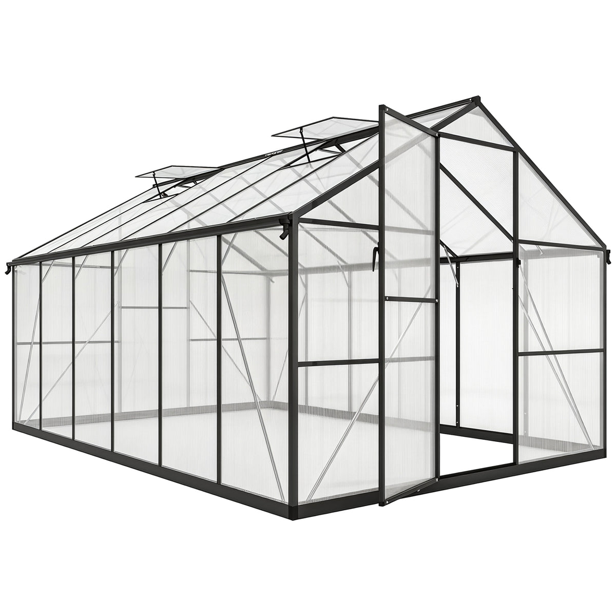 Serre de jardin en aluminium polycarbonate, serre avec fenêtres supérieures réglables 363x247x205cm noir