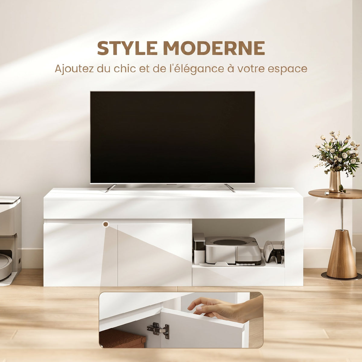 Meuble TV 2 portes pour téléviseurs jusqu'à 60 pouces, meuble télé avec placard et étagère ouverte, blanc