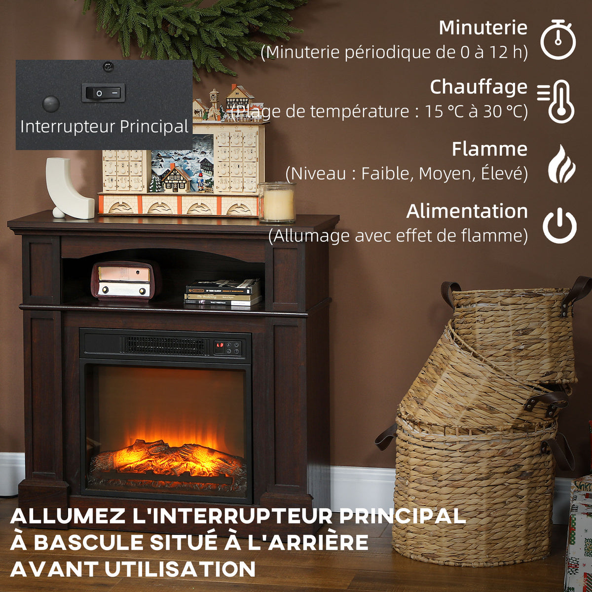 Cheminée électrique effet flammes LED luminosité réglable avec télécommande - 1800 W - 80,5 x 32,3 x 80,5 cm