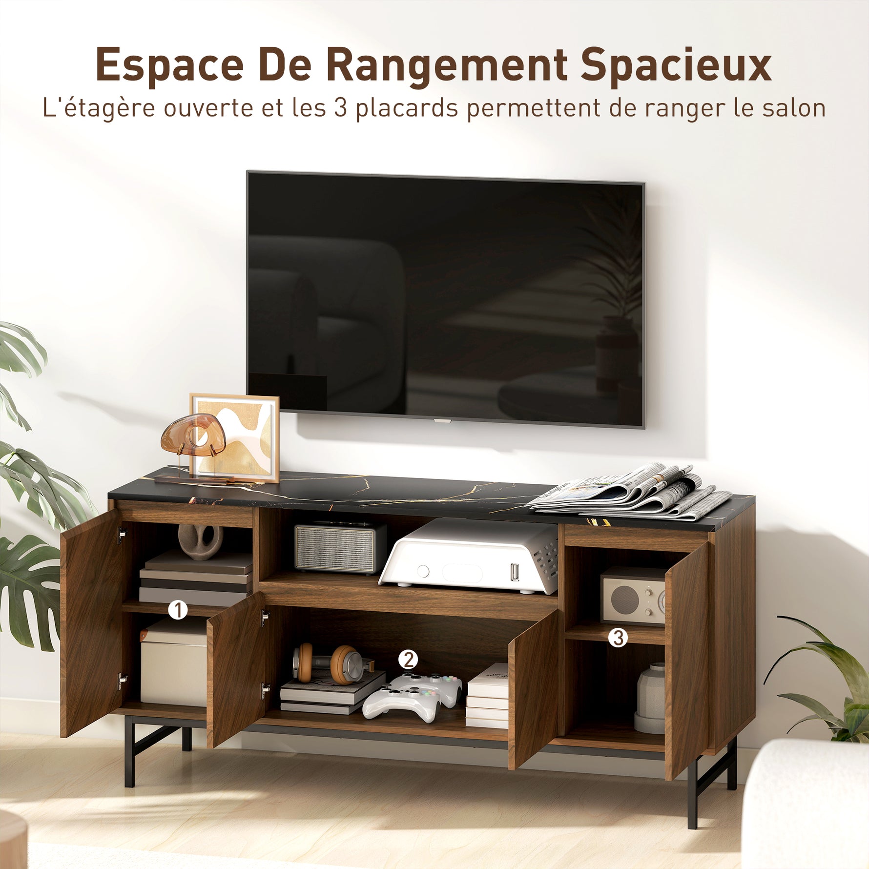 Meuble TV jusqu'à 65 pouces meuble télé bois avec compartiment ouvert et passe-câbles, effet marbre, 140x39x66cm, noyer