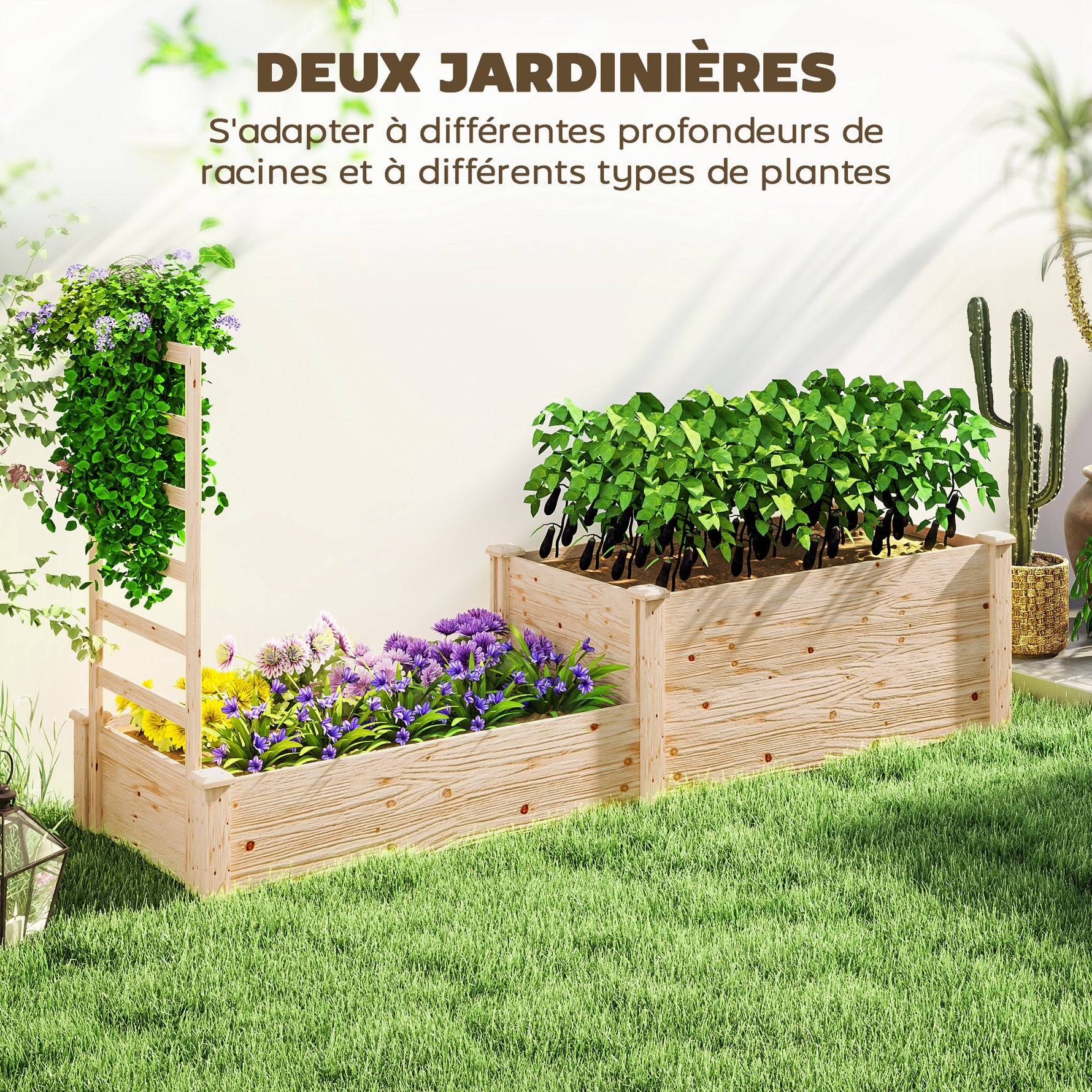 Jardinière avec treillis à 2 bacs avec fond ouvert, pour balcon terrasse patio, 222 x 63 x 132 cm, effet bois naturel