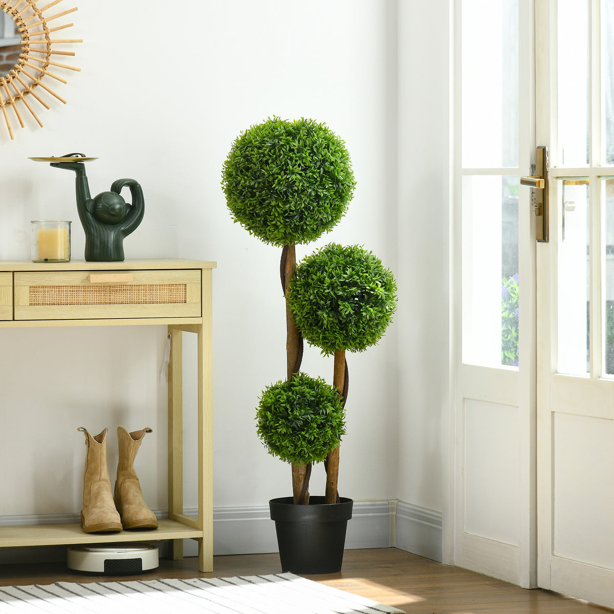 Arbre artificiel buis avec 3 boules feuilles de bambou pot inclus intérieur et extérieur hauteur 110 cm vert