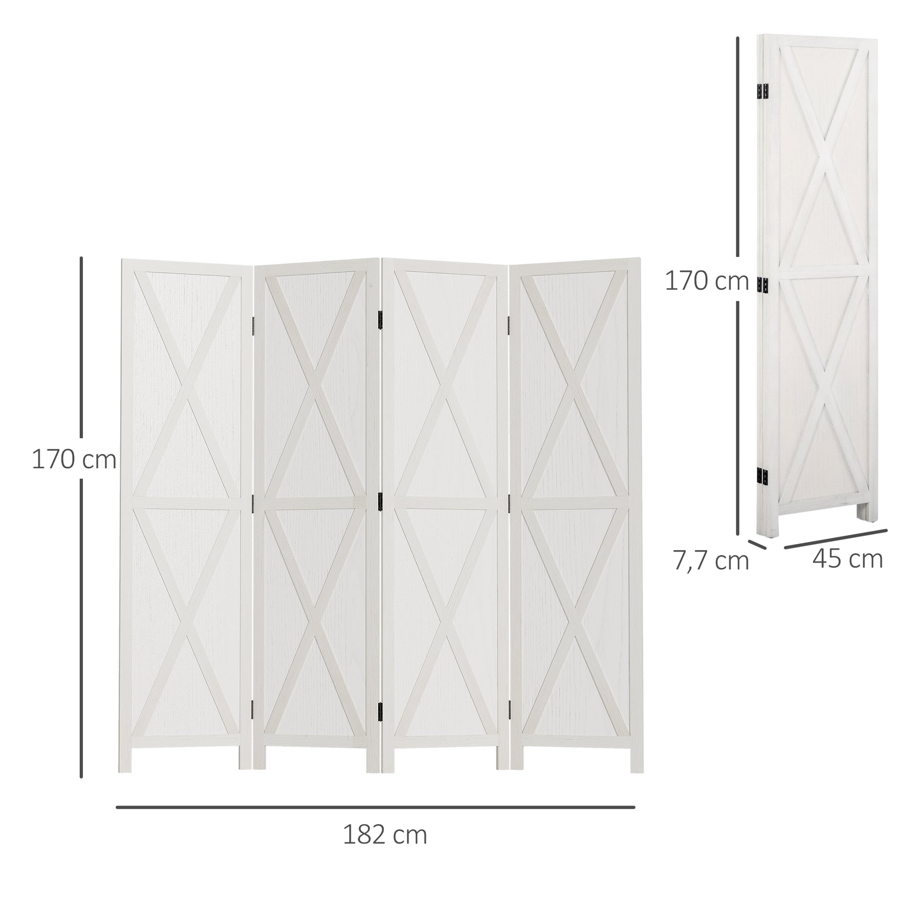 Paravent intérieur 4 Panneaux Style campagnard Chic - séparateur de pièce avec croisillons - Bois de Paulownia Blanc
