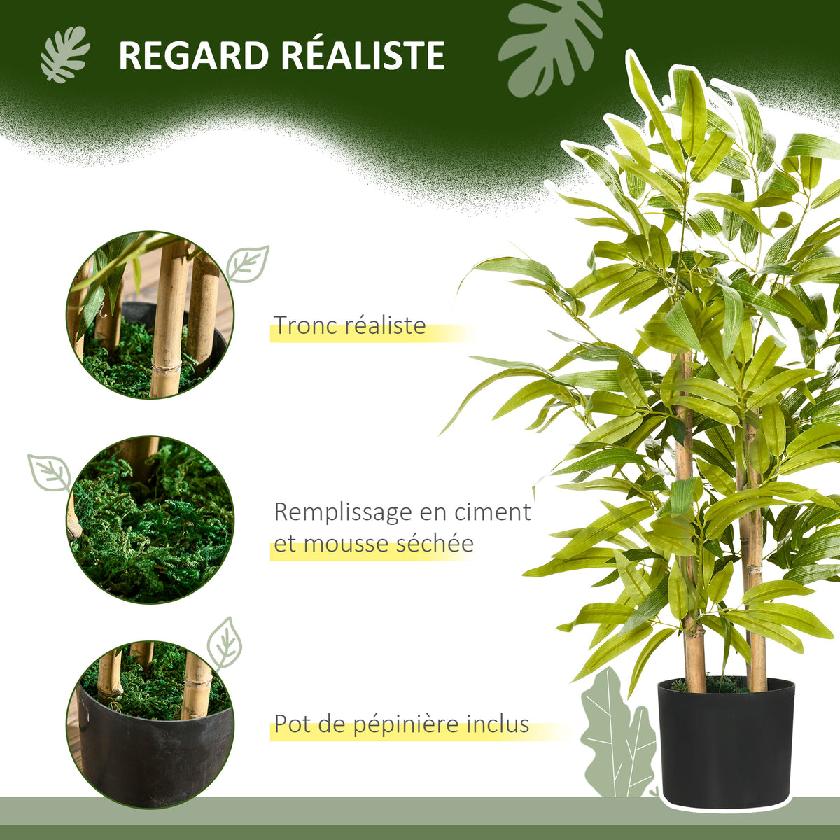 Bambou artificiel plantes artificielles hauteur 60 cm - tronc branches lichen feuilles grand réalisme pot inclus