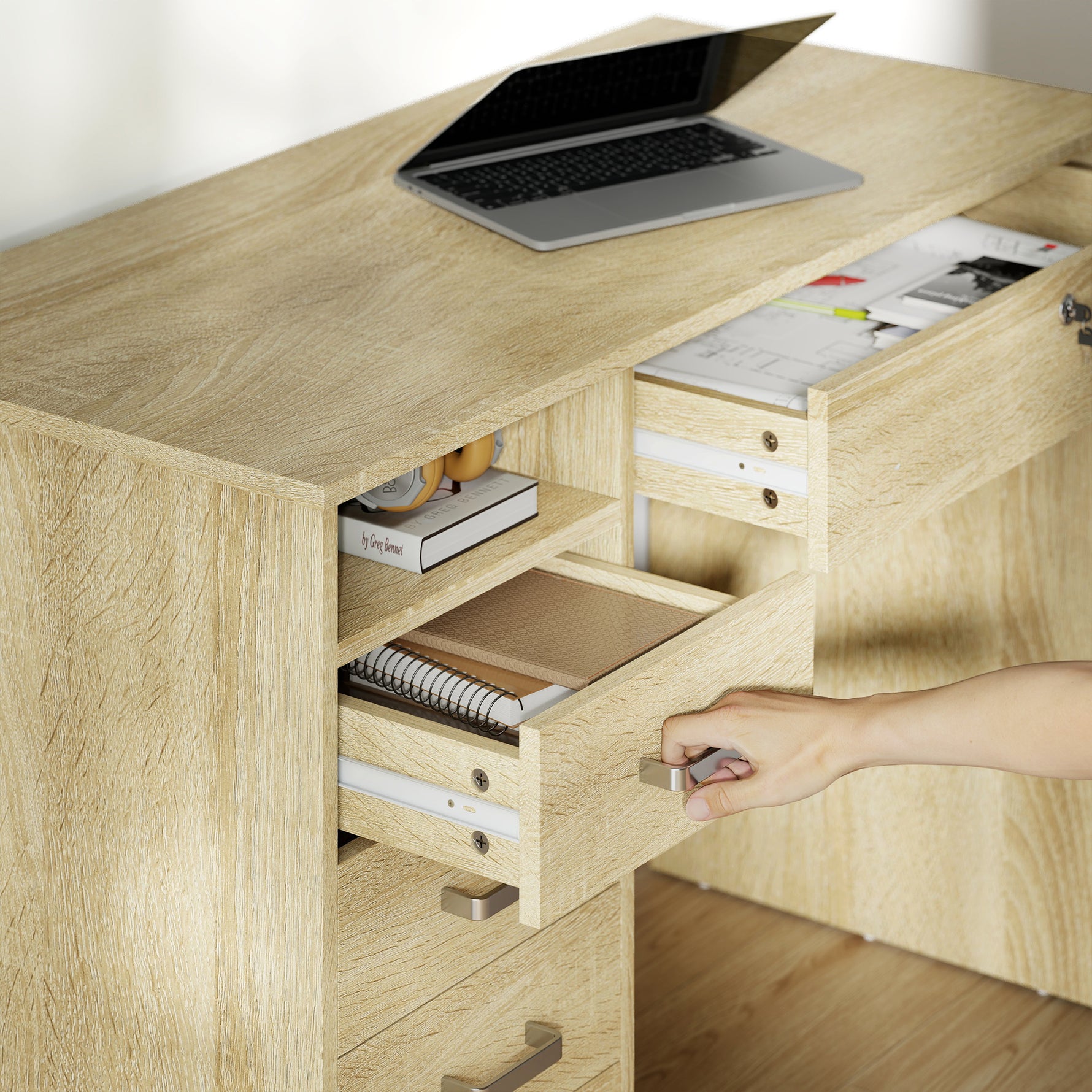 Bureau moderne avec 5 tiroirs, grand plateau, 1 compartiment ouvert, tiroir verrouillable, 110 x 50 x 76cm, chêne