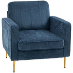 Fauteuil en tissu avec pieds en acier doré, grand confort, pochettes latérales, pour salon, bureau, chambre, bleu
