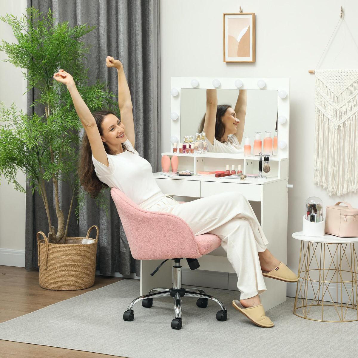 Chaise de bureau, fauteuil de bureau ergonomique, hauteur réglable, assise et dossier rembourrés, rose