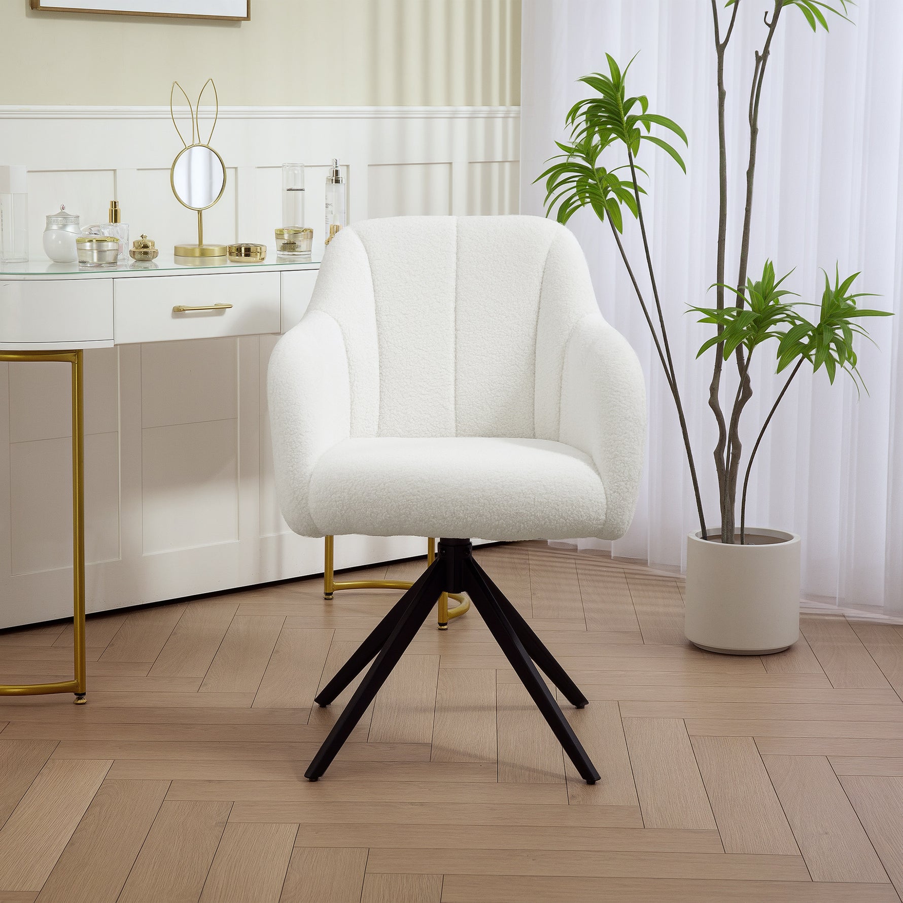 Fauteuil de salon pivotant capitonné grand confort piètement en acier et tissu effet polaire teddy blanc