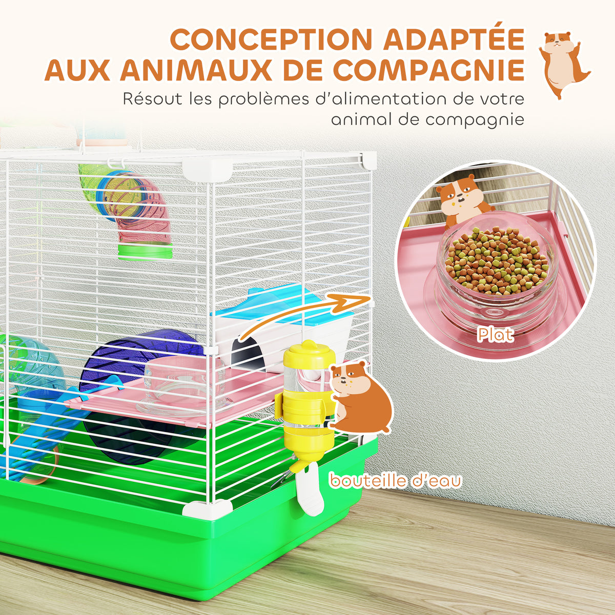 Cage à hamster rongeur 2 niveaux avec tunnel, biberon eau, roue, maisonnette, échelles 46 x 30 x 37 cm vert
