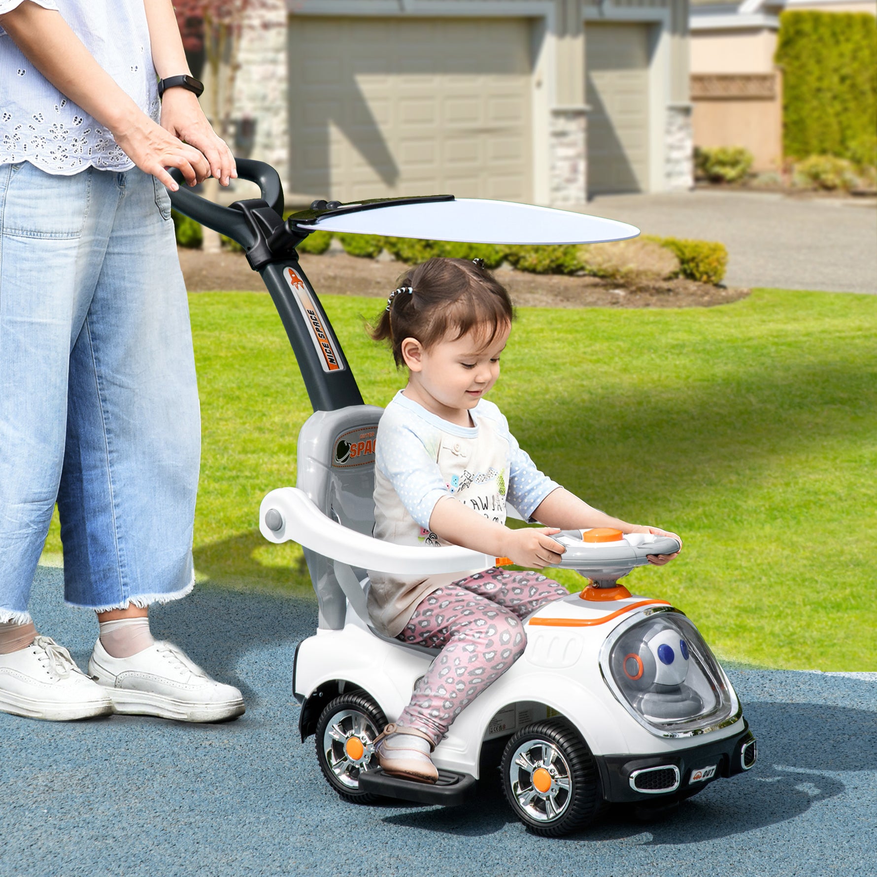 Porteur enfants, porteur bébé voiture à pousser 3 en 1 avec robot thème, pédales, poignée parentale, blanc