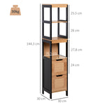 Colonna da bagno portaoggetti stile accogliente dim. 30L x 30P x 144A cm 3 ripiani 2 cassetti Bambù Nero