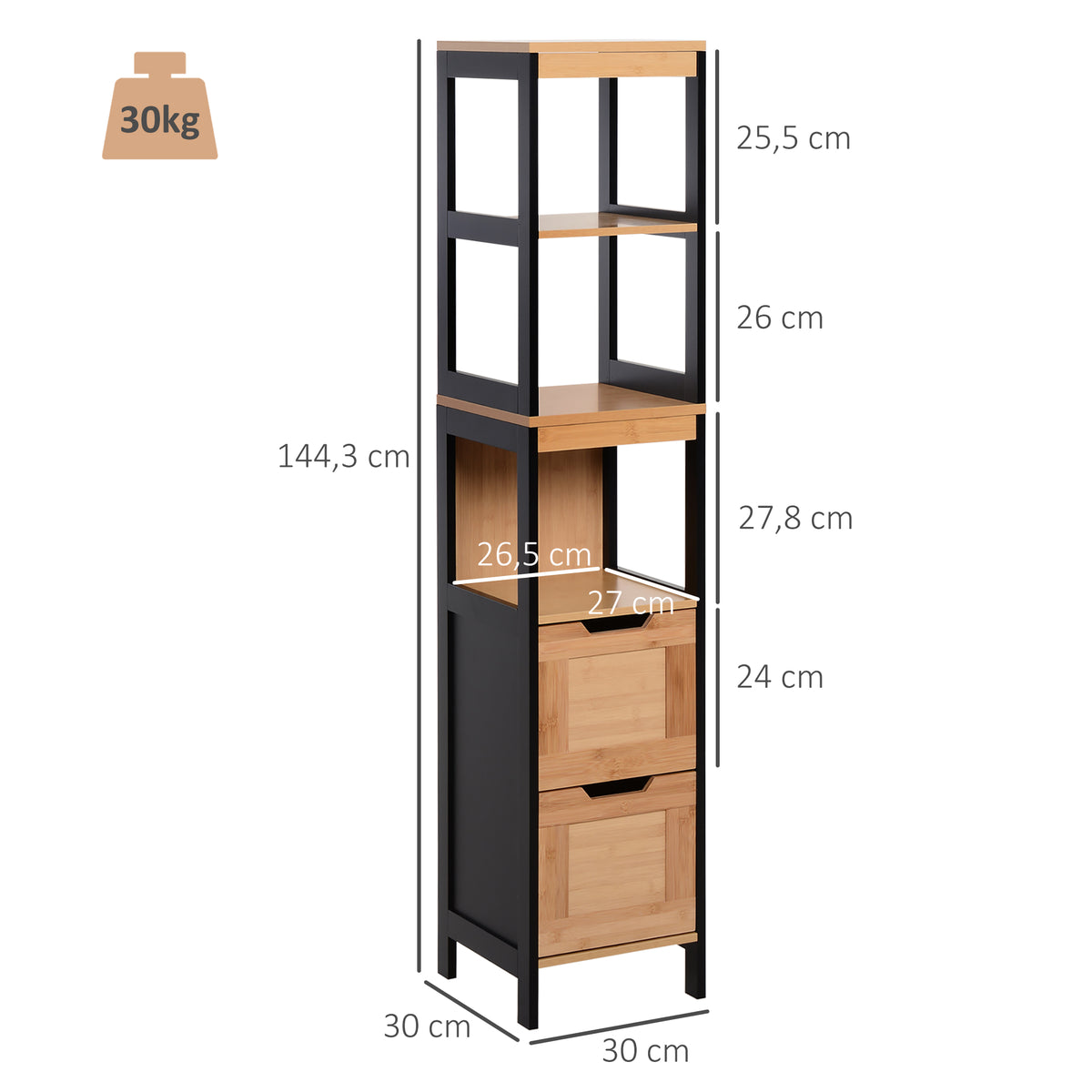 Colonna da bagno portaoggetti stile accogliente dim. 30L x 30P x 144A cm 3 ripiani 2 cassetti Bambù Nero