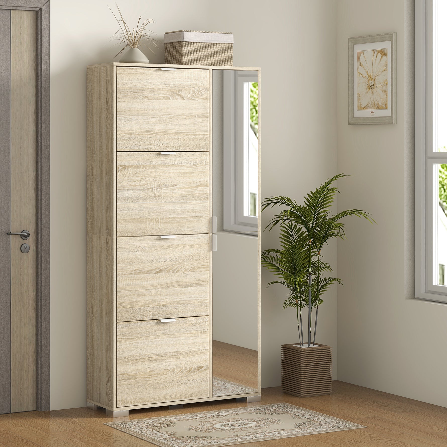 Meuble à chaussures avec 4 abattants, 2 placards et façades miroir pour 16 paires de chaussures, meuble d'entrée