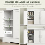 Armoire de cuisine scandinave avec placards, compartiments ouverts, portes vitrées et plan de travail, blanc