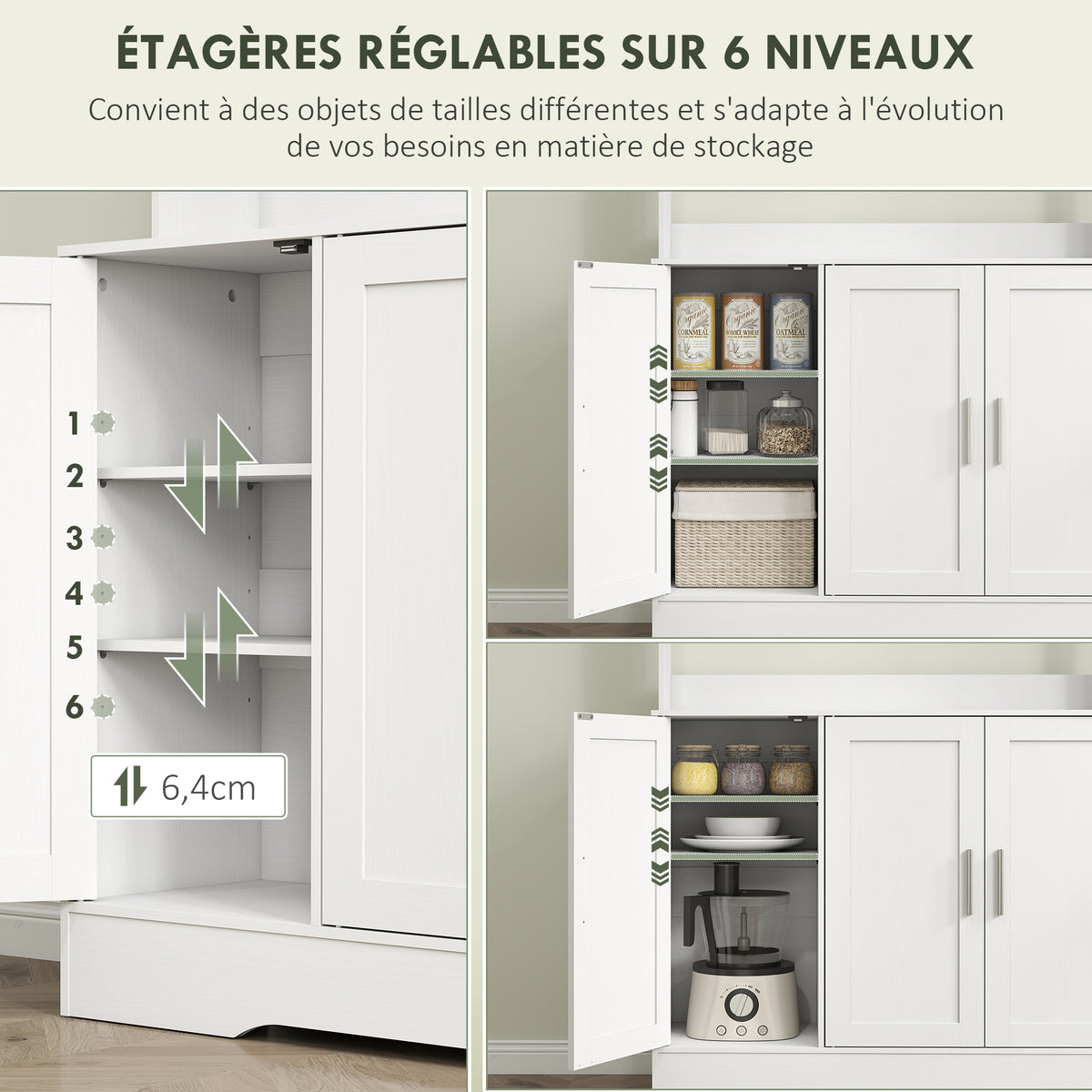 Armoire de cuisine scandinave avec placards, compartiments ouverts, portes vitrées et plan de travail, blanc
