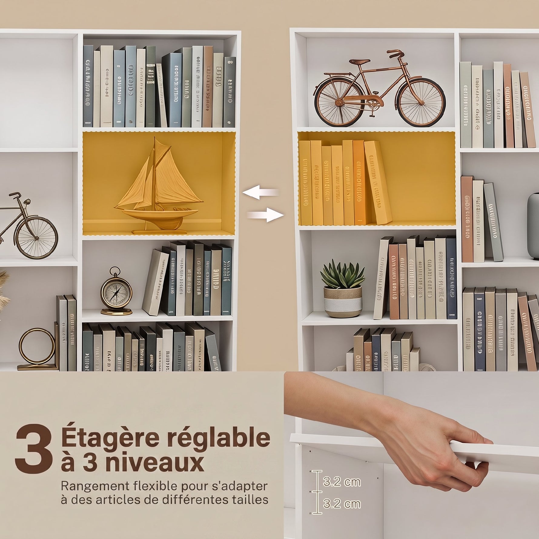 Bibliothèque 6 Niveaux, Étagère de Rangement avec 17 Compartiments et Étagères Réglables, 149 x 23,6 x 188 cm, Blanc