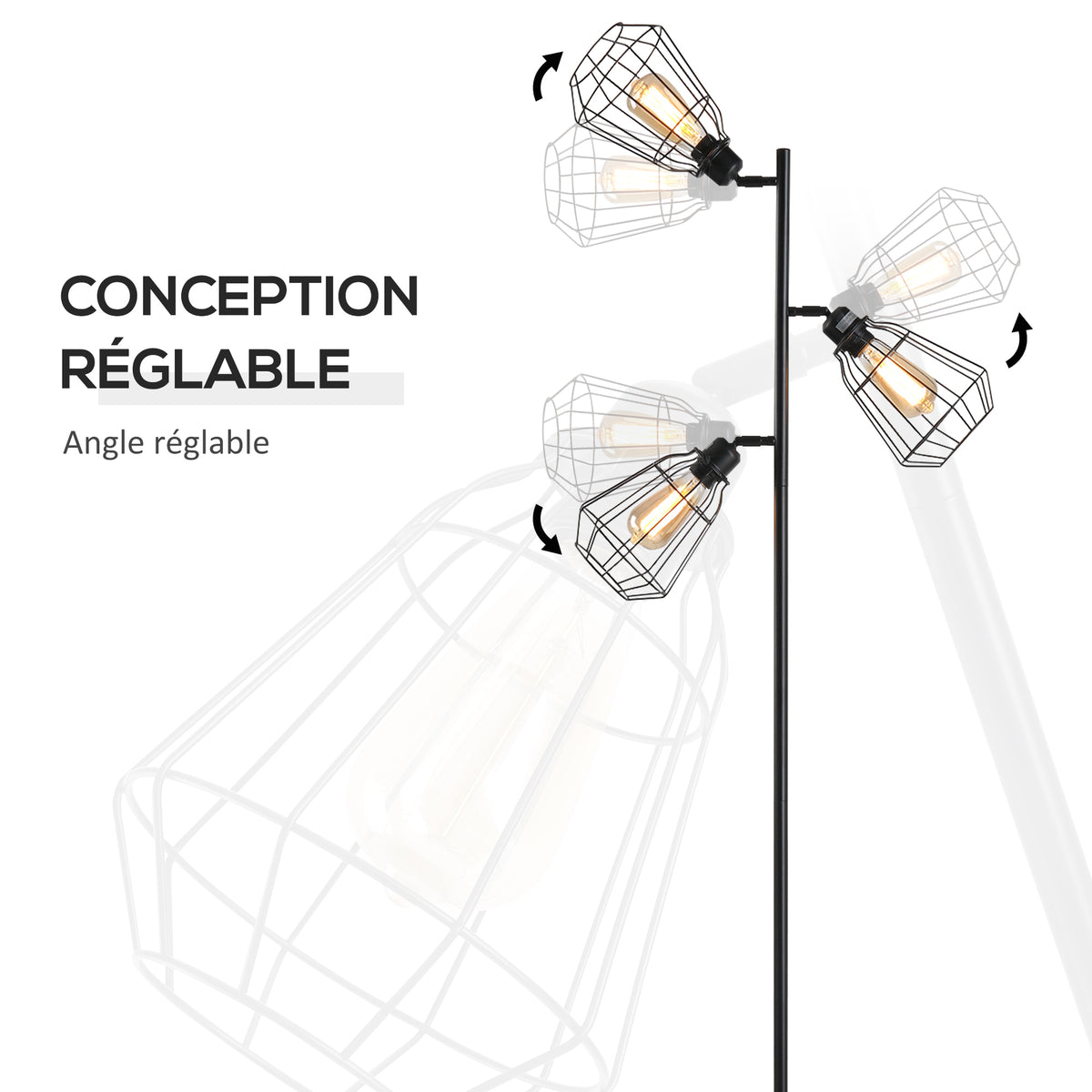 Lampadaire design industriel 3 ampoules max. 40 W abat-jour cage métal noir