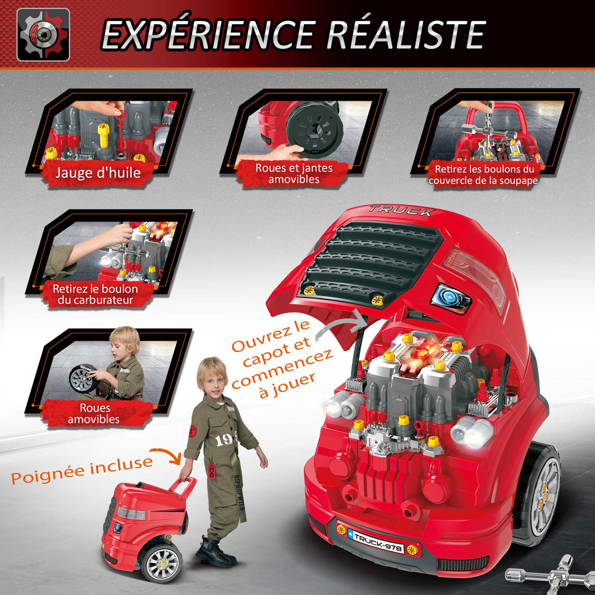 Camion mécano 2 en 1 - Jouet Bricolage Enfant - Établi Enfant - Jeu d'imitation mécanicien - Nombreux Accessoires Total de 61 pièces - Effets sonores et Lumineux - PP ABS Rouge